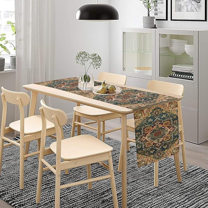 Boho Bohemia Style Table Runner, Country Rustic Farmhouse Vintahe Colorful Geometry Print Table Runner for Home Kitchen Dinner Party Holiday Decor, 13x120inch