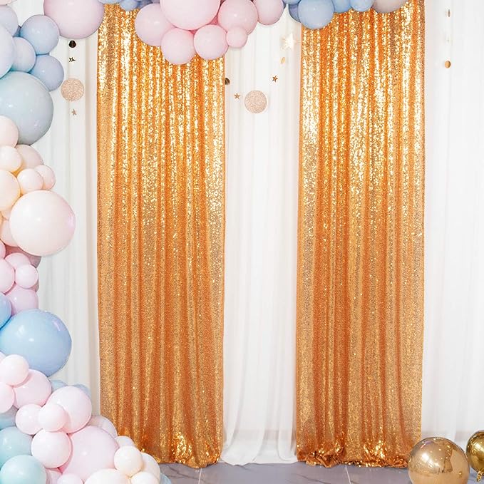 ShinyBeauty Gold Sequin Curtains 4 Panels Golden Backdrop Photo Backdrops Shimmer Background Birthday Party Weeding Decor Glitter Fabric Curtain (2FTx8FT)