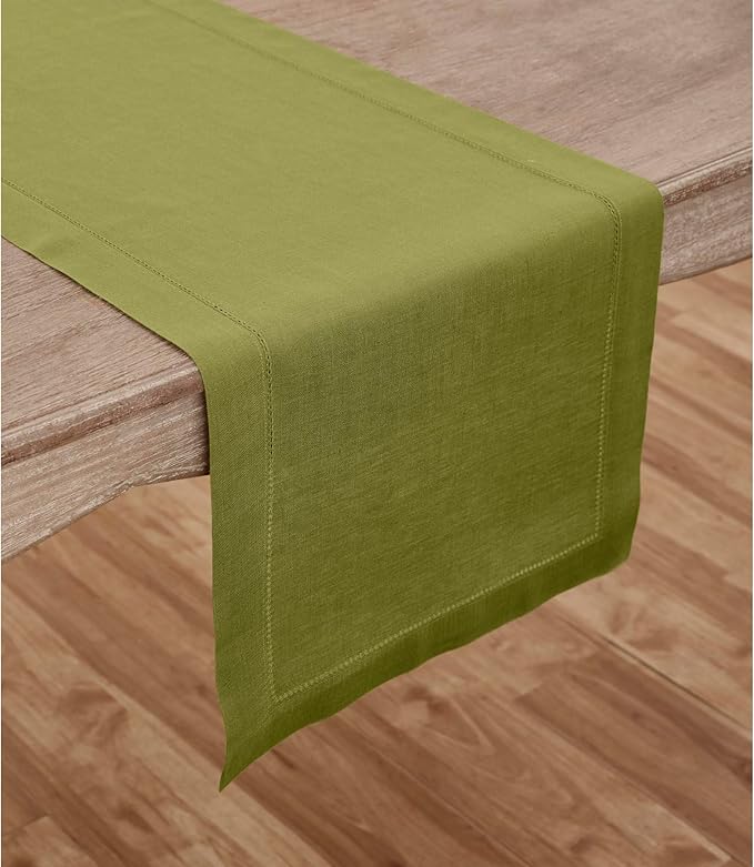 Solino Home Linen Avocado Green Table Runner 90 Inches Long - 100% Pure Linen Hemstitch 14 x 90 Inch Table Runner for Dining, Fall, Autumn, Thanksgiving - Classic Hemstitch