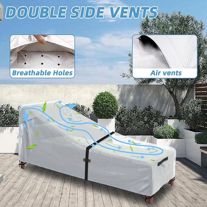 Patio Chaise Lounge Cover with Handles, Outdoor Lounge Chair Cover Waterproof UV Resistant, Patio Furniture Covers with Air Vent (76L x 32W x 32H) inch