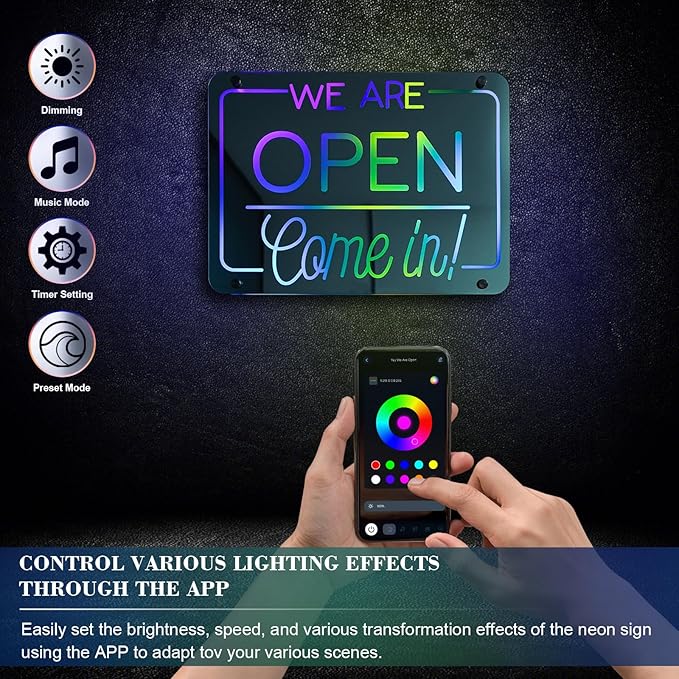 Ineonlife Open Neon Sign Come In We Are Open Mirrored Colorful LED lights for Business Decor Bright Led Light Signs Window Door Decoration Bar Shop Coffee Salon Store 14.57 x 11.02 inches USB Powerd