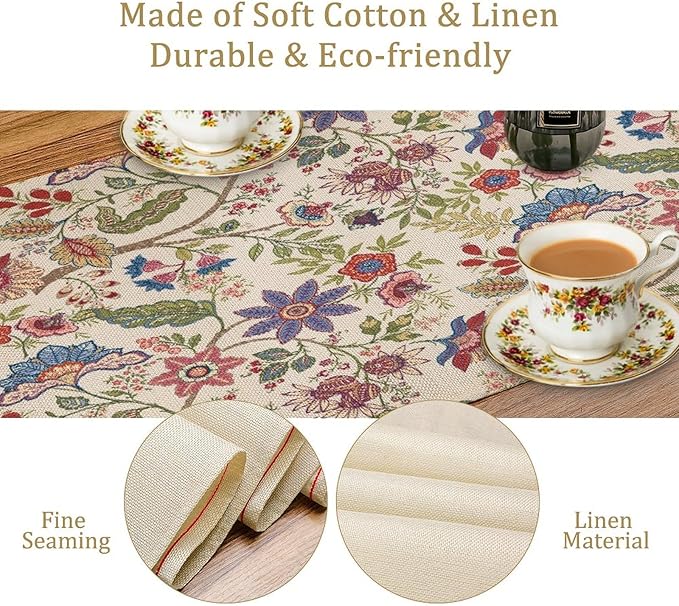 Spring Floral Table Runner, Boho Floral Pattern Natural Plant Table Decoration for Home Kitchen Restaurant Holiday Party,13in（33cm） W * 120in（305cm） L