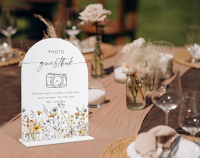 Wedding Signs for Ceremony and Reception, Boho Floral Acrylic Photo Guestbook Sign, Wedding Signage with Stand, Bridal Shower Table Centerpieces, Supplies for Engagement Reception Event Party, 27