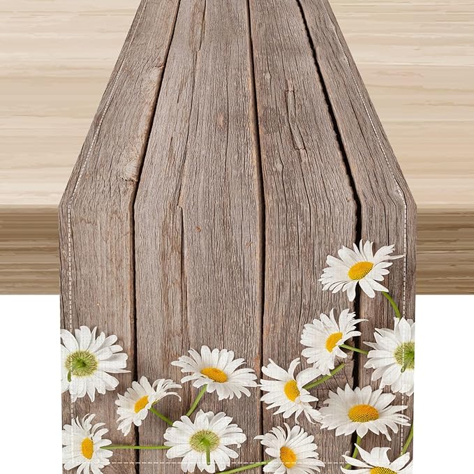 Farmhouse Floral Table Runner, Spring Seasonal Daisy Flower Retro Wooden Country Table Center Decor for Home Kitchen Dining Patio Holiday Party Indoor Outdoor Table Decorations, 13"x72" Inch