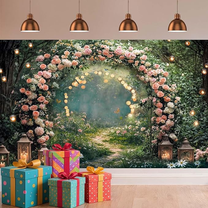9x6ft Enchanted Forest Wedding Photography Backdrop Wonderland Roses Fairy Tale Backdrop Pink Flower Birthday Newborn Baby Shower Wedding Bridal Party Banner Photo Booth Props Anniversary Background