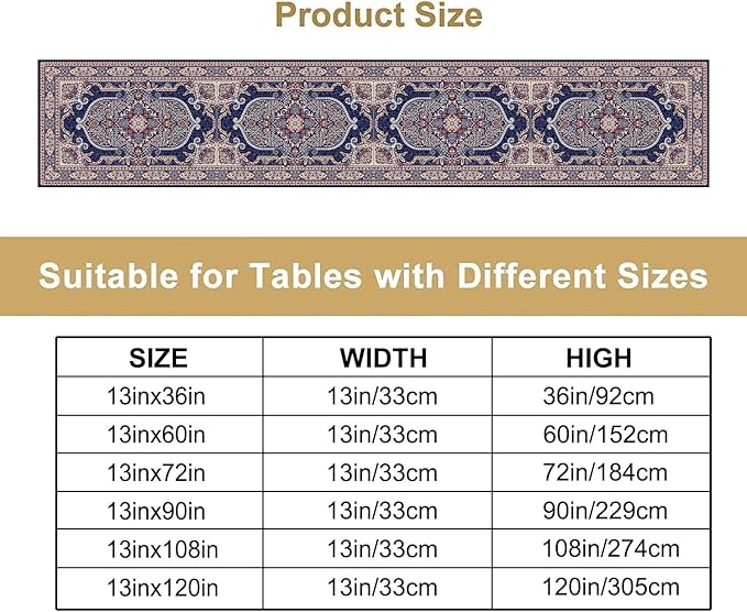 Boho Floral Vintage Table Runner, Blue Purple Retro Flower Rustic Country Farmhouse Pattern for Home Kitchen Table Decor Dining Coffee Room Party Decor 13x60in