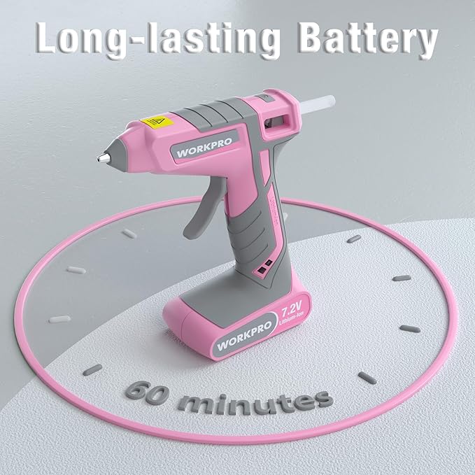 WORKPRO Pink Cordless Hot Melt Glue Gun, 7.2V Rechargeable Fast Preheating Glue Gun Kit with 20 Pc Premium Mini Glue Stick, Automatic-Power-Off Hot Glue Gun for Art, Craft, Decoration - Pink Ribbon