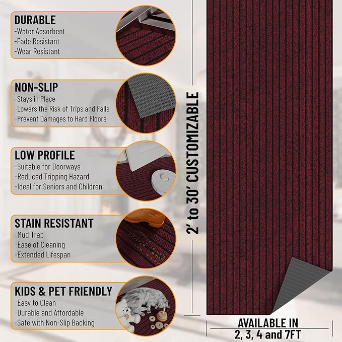 Ottomanson 2' x 8' Hallway Runner with Scraper Pile - Extra Durable Non-Slip Rug Mat for Indoor & Outdoor Use - Ideal for Kitchen, Entryway, Patio & Garage - High-Traffic Carpet, Red