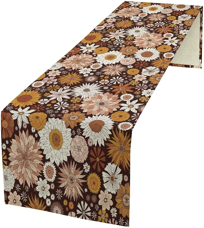 Boho Floral Table Runner, Vintage Country Farmhouse Daisy Flowers Modern Kitchen Dining Room Decoration for Indoor and Outdoor Wedding Party Banquet Table Runner 13x36 Inch
