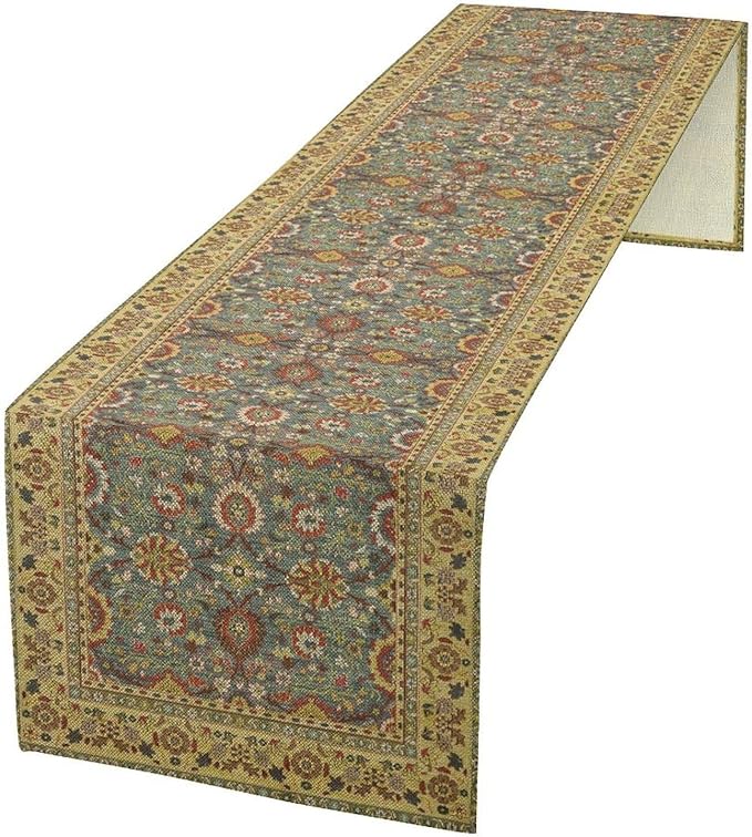 Boho Floral Vintage Beige Blue Table Runner, Retro Flower Rustic Country Farmhouse Abstract Pattern for Home Kitchen Table Decor Dining Coffee Room Party Decor 13x72in