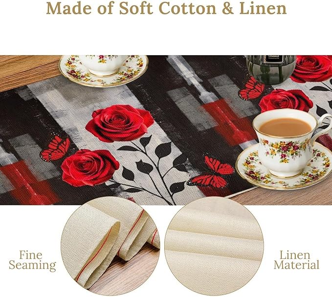 Abstract Art Rose Table Runner, Red Roses Floral Butterfly Black Red Grey Ink Background Pattern Kitchen Dinning Table Runner for Indoor Outdoor Home Wedding Party Holiday, 13x36 Inch