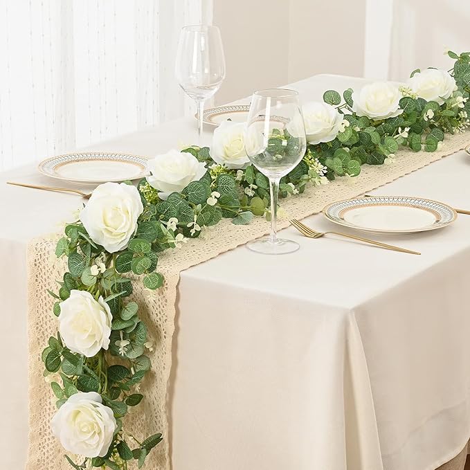 Dolicer 2Pcs 13Ft Artificial Eucalyptus Garlands with Flowers - 8 Roses, Faux Floral Greenery Garlands Fake Flowers Vines for Wedding Table Centerpieces Arch Party Ceremony Backdrop Decor (White)