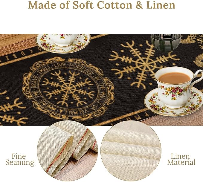 Viking Tree of Life Abstract Table Runner for Living Room Home Party Coffee Dining Party Wedding Golden Black Celtic Style Geometric Dragon Boat Rudder Ancient Script Table Runner 13x70 Inch