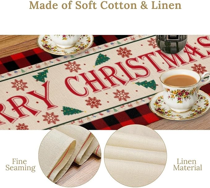 Merry Christmas Table Runner,Winter Xmas Holiday Table Cloth Kitchen Dining Table Decoration for Home Party Decor 13x120 Inch