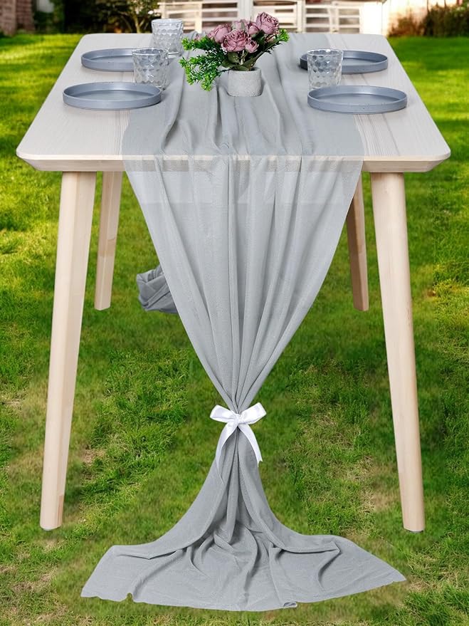 MDS 25 Pack 10ft Chiffon Table Runner 29 x 120 Inches Sheer Wedding Runner Romantic Rustic Table Runner for Wedding Decorations, Birthday Parties, Bridal Shower Party Arch Decor - Gray