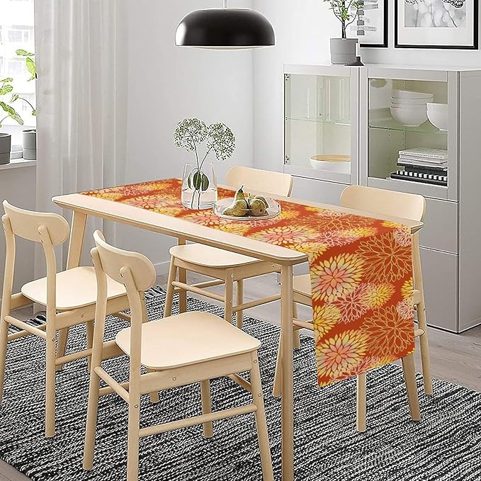 Yellow Floral Table Runner, Chrysanthemum Autumn Spring Summer Vintage Modern Linen Geometric Table Runner for Kitchen Living Room Bedroom Party Holiday, 13x60 Inch