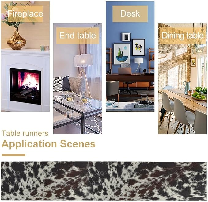 Cow Print Table Runner, Country Farm Animal Fur Skin Pattern Western Style Black Brown Cowhide Print Dinner Runner for Home Kitchen Dining Home Setting, 13x36 Inch