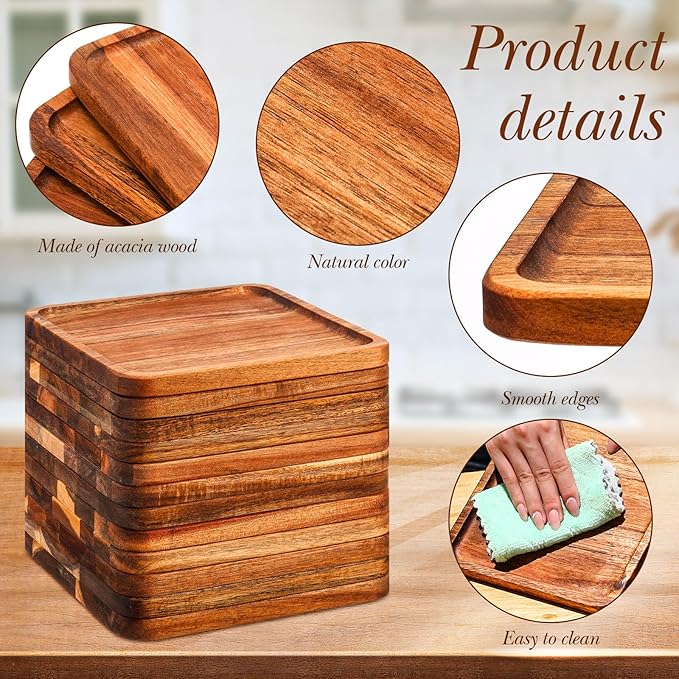 Roshtia 12 Pcs Wooden Plates Square Acacia Wood Charcuterie Board Wedding Dinner Serving Tray Charger Appetizer Kitchen Platter Cheese Steak Tableware Gift for Snack Dessert Salad Fruit (8 Inch)