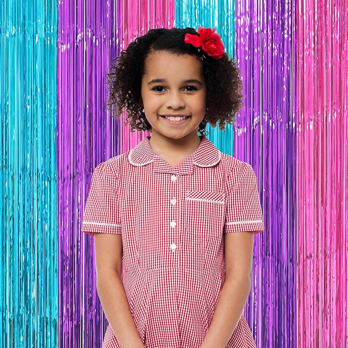 2 Pack Blue Purple Pink Foil Fringe Backdrop Curtains, Tinsel Streamers Party Decorations, Fringe Backdrop, Door Shimmer for Mermaid or Birthday Party