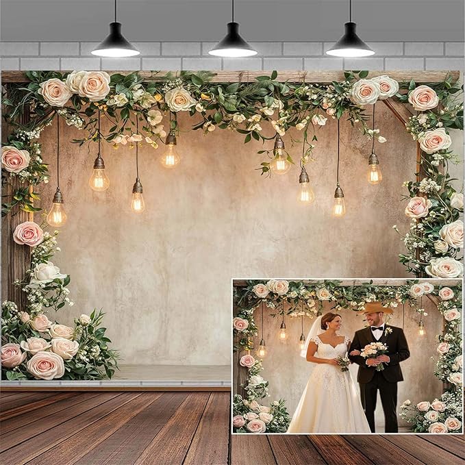 6x4ft Country Wedding Photography Backdrop Floral Rustic Roses Farmhouse Wooden Door Backdrop Pink Flower Birthday Baby Shower Wedding Bridal Party Banner Photo Booth Props Anniversary Background