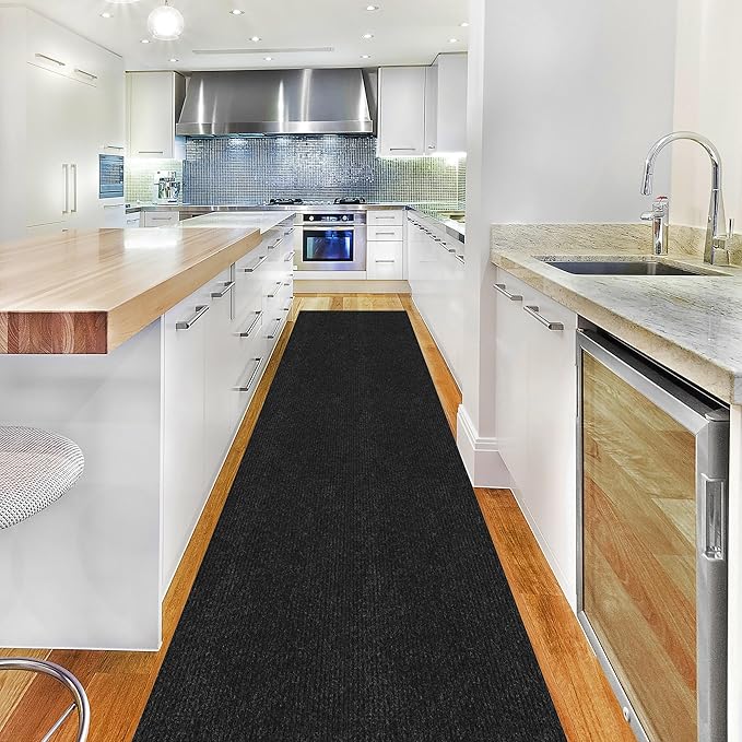 Ottomanson 2' x 12' Hallway Runner with Scraper Pile Extra Durable Non-Slip Rug Mat for Indoor & Outdoor Use - Ideal for Kitchen, Entryway, Patio & Garage - High-Traffic Carpet, Black