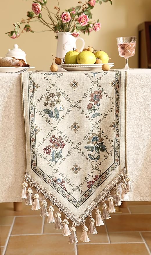 patdrea Designer Vintage Floral Linen Table Runner 102 Inch Long,Beige Cottage Rustic Bouquets Pattern Table Mat,Decor for Kitchen Dining Table Coffee Table Cabinet Banquet Christmas ,12"*102"