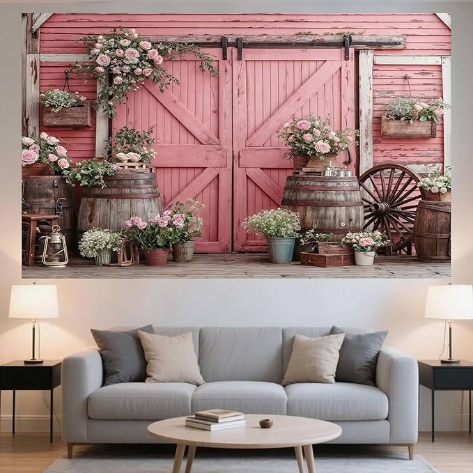 5x4ft Country Wedding Pink Photography Backdrop Rustic Wooden Barn Door Photography Backdrop Farmhouse Flower Western Girl Birthday Baby Shower Wedding Bridal Party Banner Photo Booth Props Background