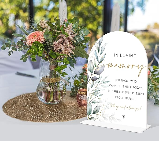 Acrylic Wedding Signs, Greenery Theme In Loving Memory, Memorial Table Sign for Wedding, Bridal Shower Table Decor with Stand, Engagement, Anniversary, Newlywed Events and Parties Supplies, 23