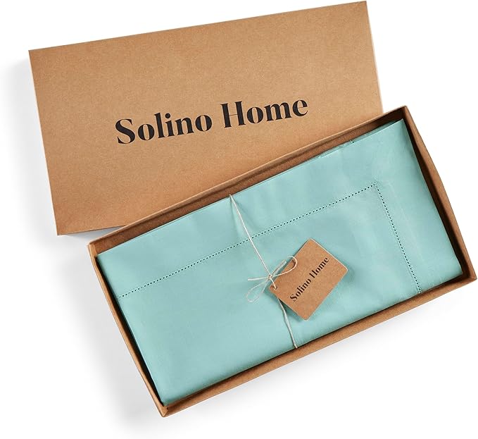 Solino Home Cotton Linen Table Runner 90 Inches Long - Hemstitch Pastel Turquoise Dining Table Runner 14 x 90 Inch