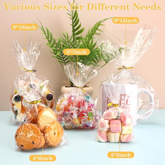 100 PCS Cellophane Treat Bags, Cidenbio 9x12 In Clear Cellophane Gift Bags with Twist Ties Plastic Goodie Bag for Party Favor Cookie Candy Popcorn Bakery Chocolate Gift Wrapping