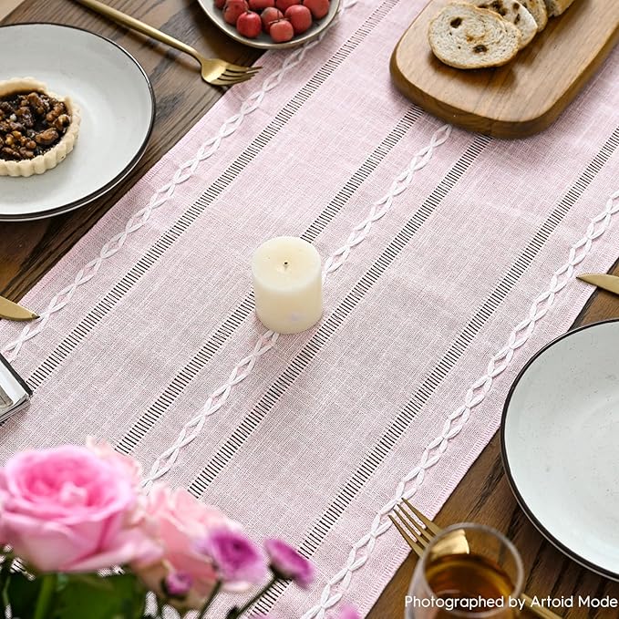 Artoid Mode Pink Rustic Cotton Linen Table Runner, Seasonal Embroidered Hollow Kitchen Dining Table Decoration for Home Party Decor 13x108 Inch