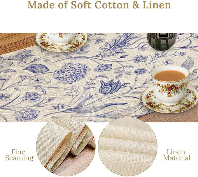 Monochrome Sketch Flowers Table Runner, Seasonal Spring Fall Plants Blue Florals Dinner Runner for Home Kitchen Dining Table Party Holiday Decoration 13"x108"