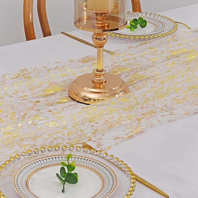 LOMOHOO 10 Ft Gold Table Runner, Golden Sheer Sequin Table Runners 120 Inches Long Glitter Metallic Foil Lace Fabric Table Decor for Birthday Party Wedding Anniversary Centerpiece (3pcs)