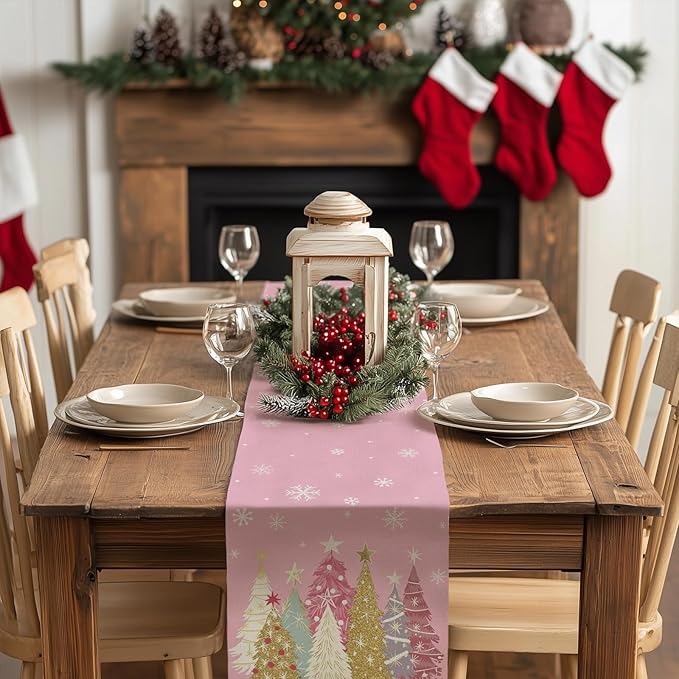 GEEORY Christmas Table Runner 13x90 Inch, Xmas Trees Snowflakes Holiday Decorative Farmhouse Table Decoration for Kitchen Dinning, Indoor Outdoor Dinner Party Decor (Pink) GT153-90