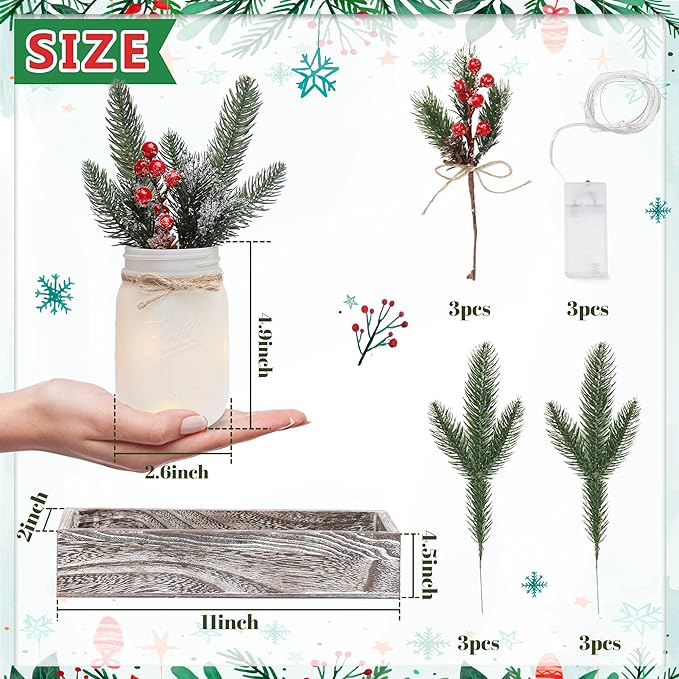 Christmas Mason Jars, Christmas Centerpiece Table Settings, Wood Tray with 3 Painted Jars, Dining Coffee Table Centerpiece, For Kitchen, Living Room, White Mason Jar Decor with Flowers