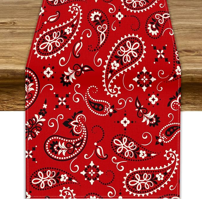 Paisley Table Runner, Boho Vintage Western Red Paisley Flower Print Table Runner for Kitchen Dining Table Wedding Holiday Party Decor, 13x60inch