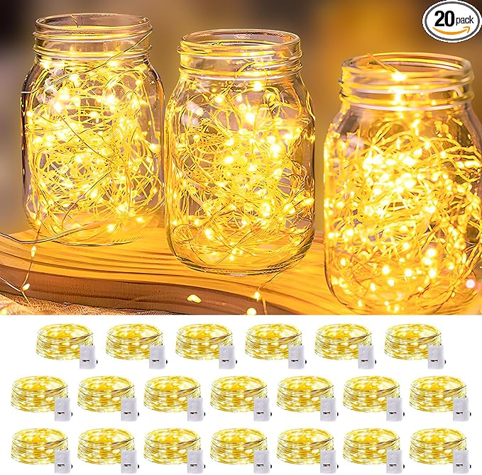 20 Pack LED Fairy Lights Battery Operated,3 Features Blinking Slowly Blinking & just on 7FT 20 LED Waterproof Mini Twinkle String Lights for Wedding Mason Jars Party Christmas Decorations(Warm White)