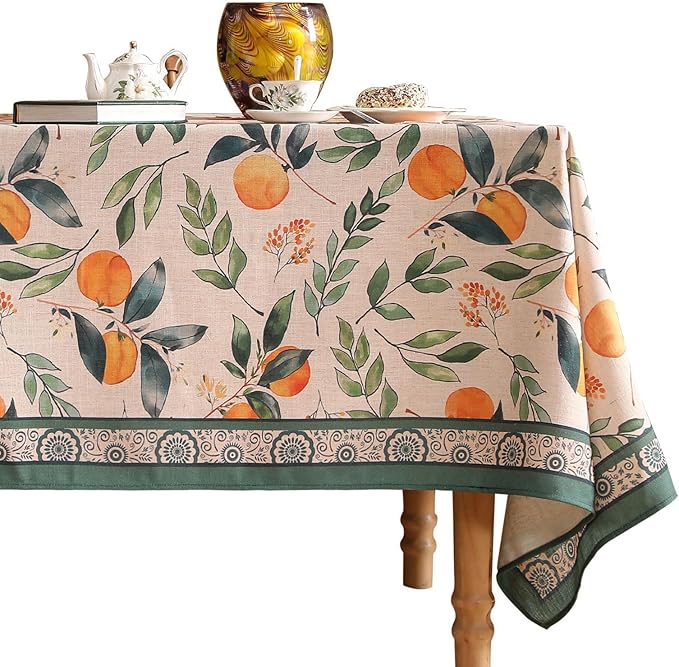 patdrea Designer Vintage Linen Long Rectangle Table Cloth,Framhouse Oranges and Leaves Pattern French Tablecloth,Fall Decor Cover for Kitchen Dining Christmas,Thanksgiving,63"x102"-Palladin a