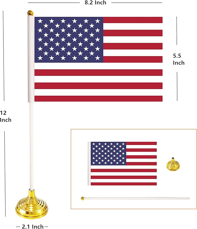 24 Pack USA US Desk Flags,Small Mini American Deluxe Table Flags Set with Stand Base，8.2 x 5.5 inches Miniature Desktop Flag