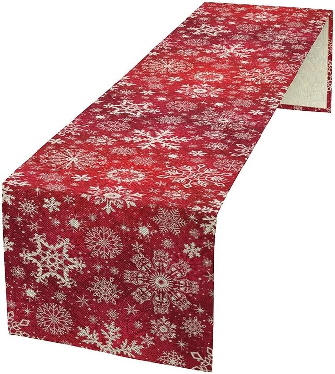 Snowflakes Christmas Table Runner, Winter Holiday Red Table Cloth Kitchen Dining Table Decoration for Home Party Decor 13x120 Inch