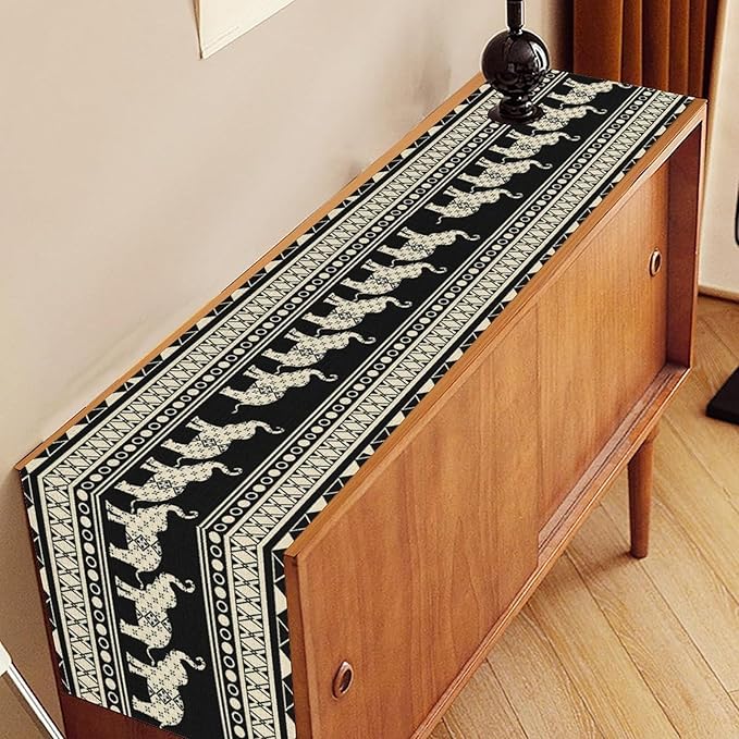 Ethnic Table Runner, Rustic Farmhouse Boho Geometric Elephant Aztec Tribal Print Black Table Center Decor for Home Kitchen Dining Patio Holiday Party Indoor Outdoor Table Decorations, 13"x108" Inch