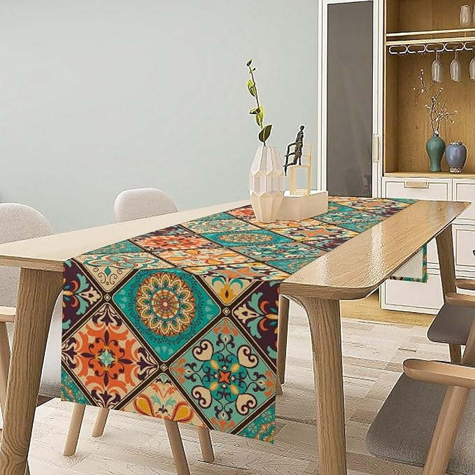 Bohemian Patchwork Table Runnerboho Colorful Tile Patchwork Indian Floral Print Table Runner for Home Kitchen Indoor Outdoor Party Wedding Decor, 13x60inch