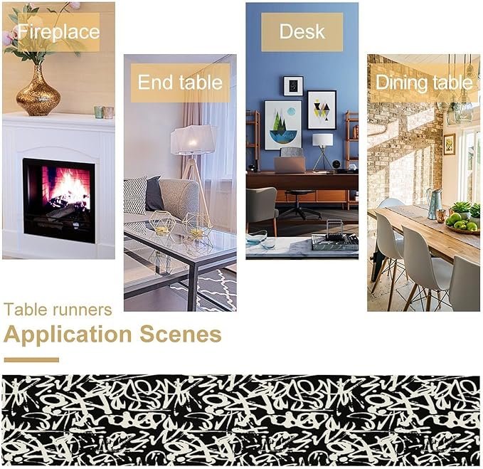 Graffiti Table Runner,Black White Abstract Messy Art Theme Pattern Print Tablecloth Burlap for Hotel Indoors Outdoor Dining Room Kitchen Home Decor,W13X L90 in