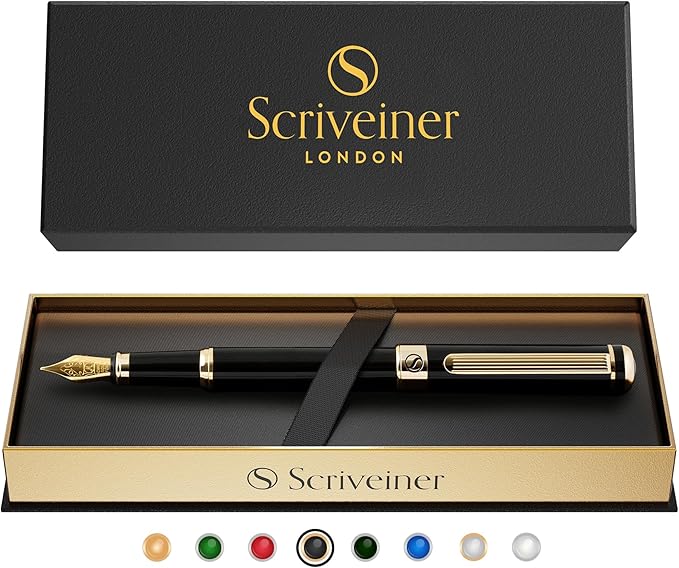 Scriveiner Black Lacquer Fountain Pen - Stunning Luxury Pen, Real Gold Plating, Schmidt Gilded Nib (Fine), Best Pen Gift Set for Men & Women, Professional, Executive, Office, Nice Pens