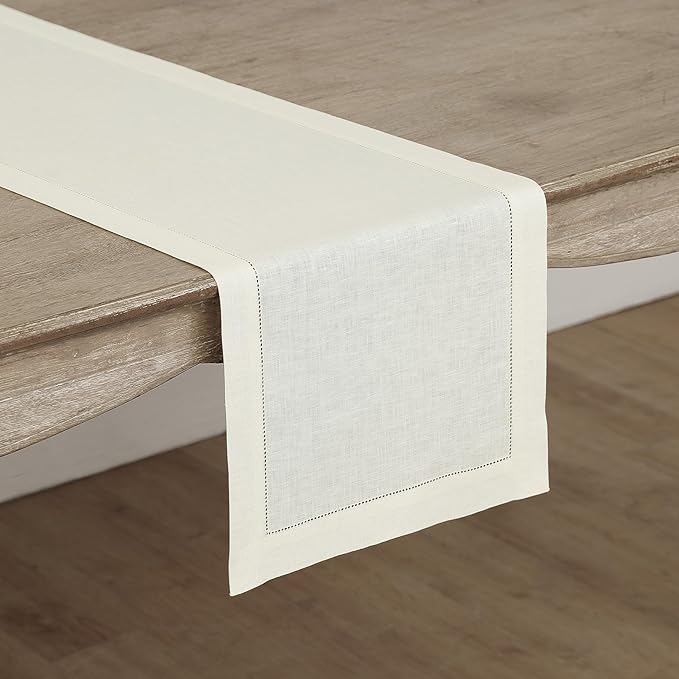 Solino Home Linen Ivory Table Runner 60 Inches - Classic Hemstitch, 100% Pure Linen Coffee Table Runner 14 x 60 Inch Ideal for Dresser Tables - Fall, Halloween, Thanksgiving, Christmas, Holiday