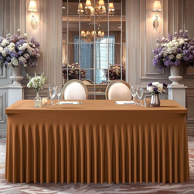 Wish Care 6 Pack Brown Spandex Table Clothes for 6 Foot Rectangle Tables, 6FT Wrinkle Free Fitted Tablecloths Ruffles Design Table Cover for Party, Banquet, Wedding and Events