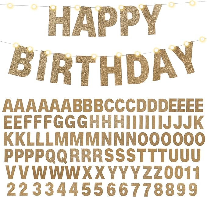 TaoBary 112 Pcs DIY Letter Kit Glitter Customizable Banner Letters Include 107 Letters and Numbers 3 Rope and 2 Needles for Birthday Halloween Christmas Wedding Valentine Party Decor(Champagne Gold)