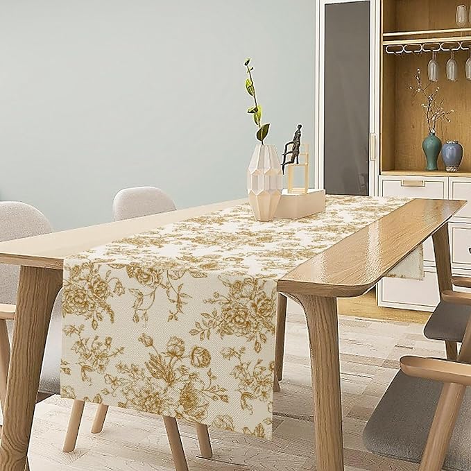 Retro Floral Table Runner, Golden White Wildfloral Sketch Print Kitchen Dinning Table Runner for Indoor Outdoor Home Wedding Party Holiday, 13x90 Inch