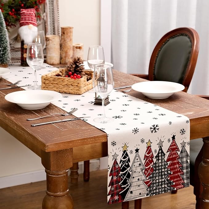 GEEORY Christmas Table Runner 13x90 Inch, Xmas Tees Snowflakes Holiday Decorative Farmhouse Table Decoration for Kitchen Dinning, Indoor Outdoor Dinner Party Decor ((Red & Black) GT165-90