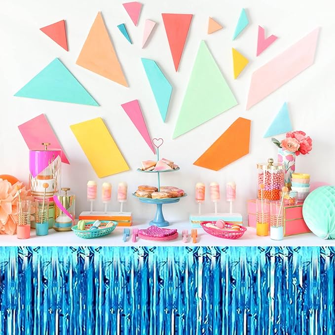 3 Pack 29 x108 Inch Lake Blue Foil Fringe Table Skirts Metallic Banner for Tinsel Streamer Garland Backdrop for Parade Floats Mother's Day, Graduate, Birthday, Wedding Party Decoration
